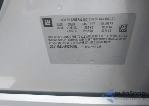 2015 Chevrolet Impala 1Lt z USA, uszkodzony, nr VIN 2G1115SL4F9274962